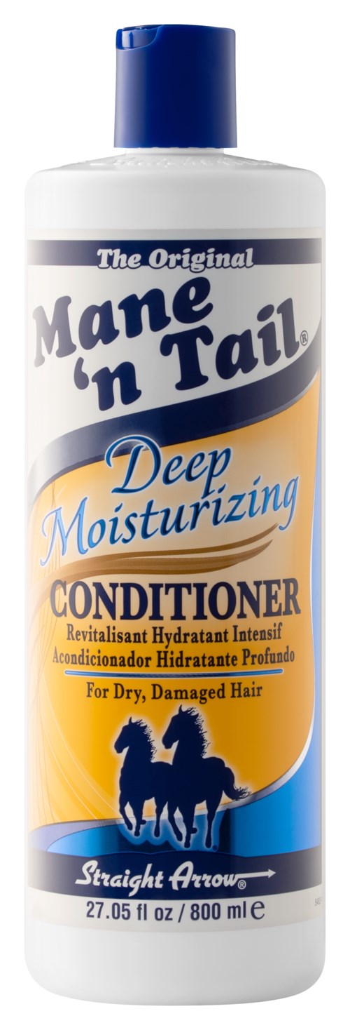 En hvit flaske med blå lokk, merket Mane 'n Tail Deep Moisturizing Conditioner for tørt, skadet hår, med hestebilder.