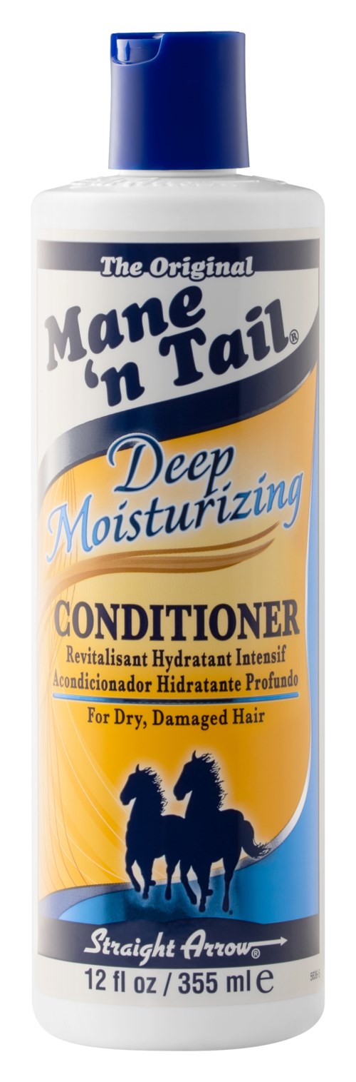 En hvit flaske med blå lokk, merket Mane 'n Tail Deep Moisturizing Conditioner for tørt, skadet hår, med en hestlogo.