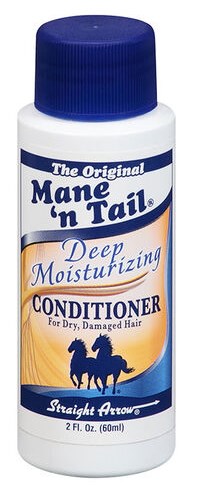En flaska Mane 'n Tail balsam för torrt, skadat hår med blå hatt och hästlogga.
