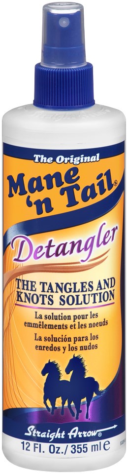 En sprayflaske merket Mane 'n Tail Detangler, med en ponniillustrasjon, sier den skal redusere flokker og knuter.