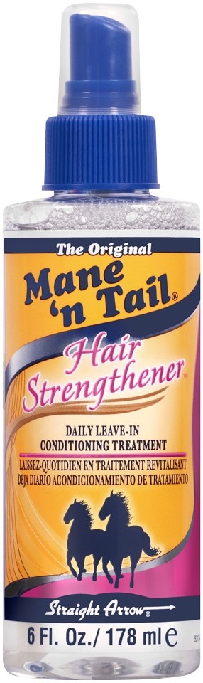 En sprayflaska märkt Mane 'n Tail Hair Strengthener med blått lock och logga av två hästar. 6 fl oz (178 ml).