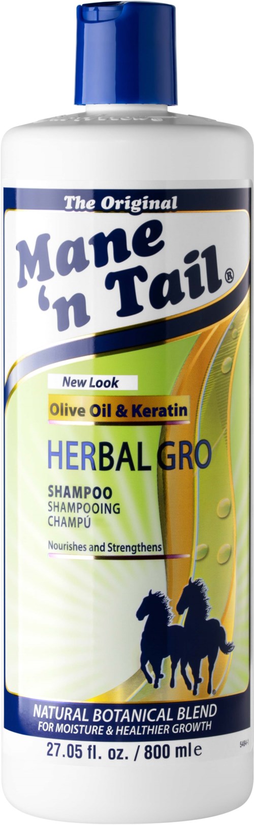 Eine Shampooflasche namens Mane 'n Tail, mit Olivenöl & Keratin, zeigt ein schwarzes Pferd und grünen Hintergrund.