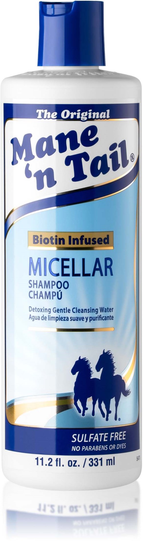 A bottle of Mane 'n Tail Micellar Shampoo with blue and white label, featuring two horse images and text.