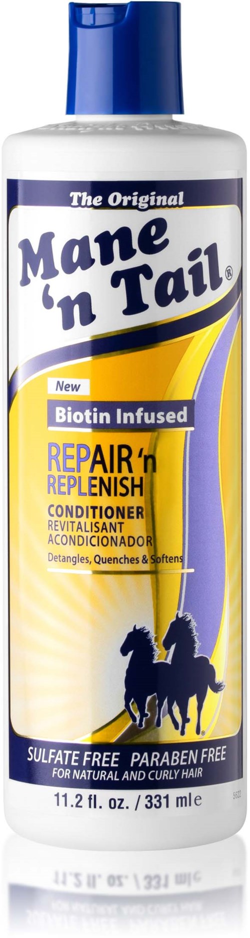 Bottle of Mane 'n Tail conditioner with blue cap, contains biotin, for natural, curly hair, sulfate and paraben free.