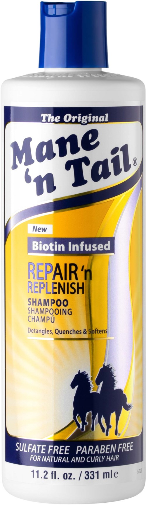 A shampoo bottle with blue cap, white and yellow label, and a silhouette of a dog and horse.