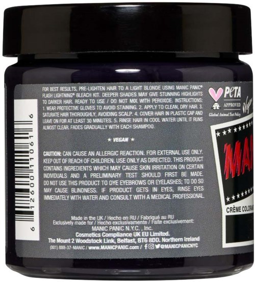 Schwarzer Behälter mit Etikett, enthält Warnhinweise, Inhaltsstoffe und Markeninformationen zu einem Manic Panic Haarprodukt.