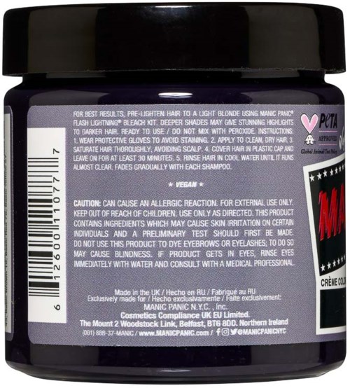 En svart behållare med etikett som visar skönhets- eller kosmetikanvisningar, varningar och ingredienser för blont hår.