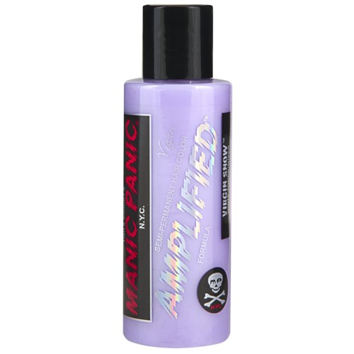 Kleine Flasche mit temporärer Haarkleidung in hellem Lila, schwarzem Deckel und hellem Etikett. Gebrandet als 'Manic Panic'.