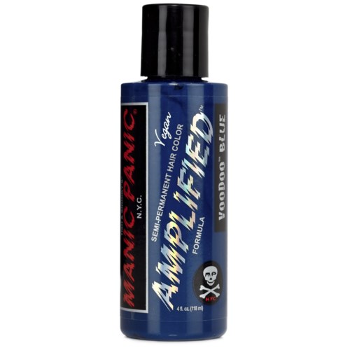 Blue bottle of semi-permanent blue hair dye with black cap, labeled "Voodoo Blue" and "Aimperfection".