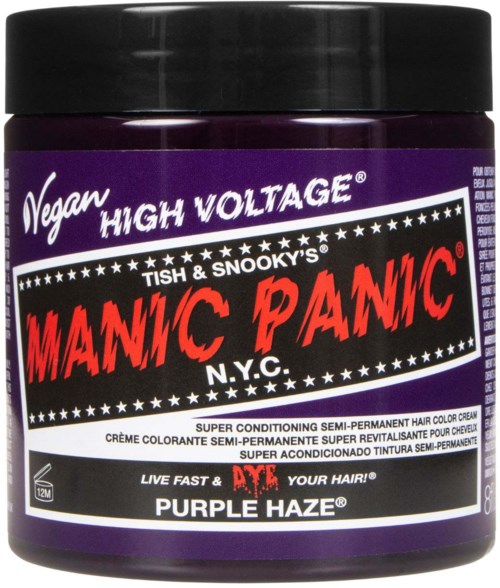 Vegan hiustenhoitotuote nimeltä 'High Voltage Manic Panic' violettina ja iskevällä tekstillä, tarkoitettu semi-permanenttiin hiusväriin.