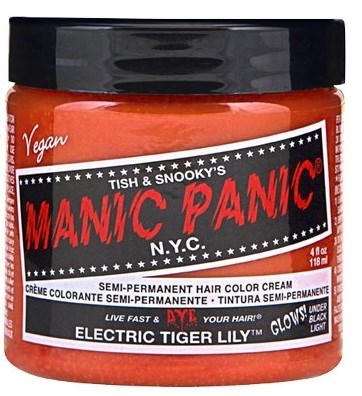 Lasipurkki semi-permanenttia oranssia hiusväriä, nimeltä "Manic Panic", musta kansi ja tietoa vegaanisesta tuotteesta.