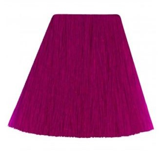A bright pink, fringed lampshade with a wide top and narrow bottom.