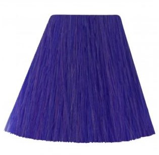 A blue, fringed lampshade with a wide top and narrow bottom, made of thin, string-like material.