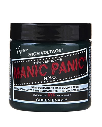 A jar of semi-permanent hair color cream called 'Manic Panic' in green envy, with a black lid and label details.