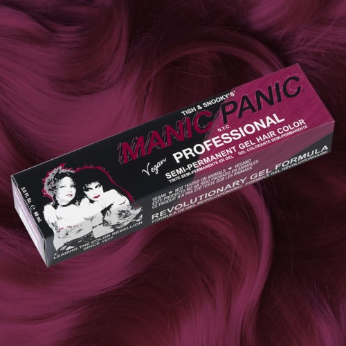 A box of semi-permanent gel hair color called 'Manic Panic' on a pink background with hair.