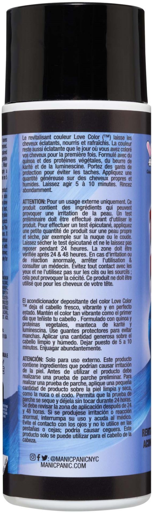 Blauer und schwarzer Spraydosenbehälter mit Text und sozialen Medien-Icons auf dem Etikett.