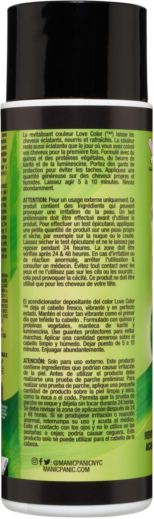 Grön och svart cylindrisk flaska med textinstruktioner och varningar, troligen ett hår- eller kosmetiskt sprayprodukt.