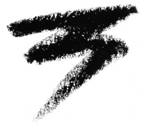 En svart, abstrakt, penseldragsliknande design på en vit bakgrund, som liknar ett stiliserat 'f' eller svep.