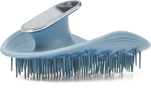 A blue foot scrubber with many small plastic brushes and a handle for gripping.
