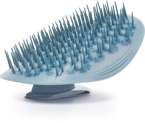 A grey massager with many small, raised spikes on a curved surface and a round base.