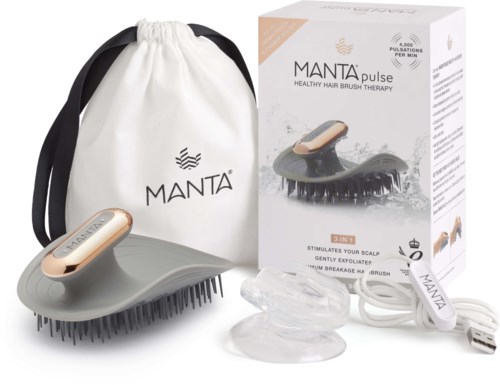 A hairbrush device with a charging cable, a storage bag, and a box, labeled 'MANTA pulse' for scalp therapy.