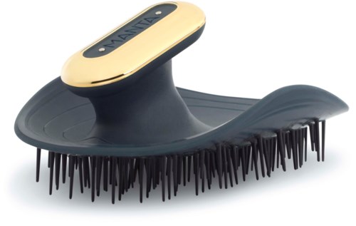 A black hairbrush with a gold and black handle, and many small black bristles.
