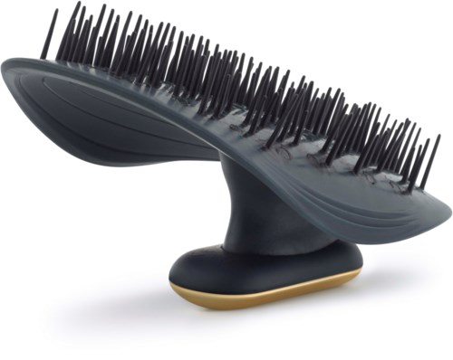 A black and gold hairbrush with wide bristles and a curved handle.