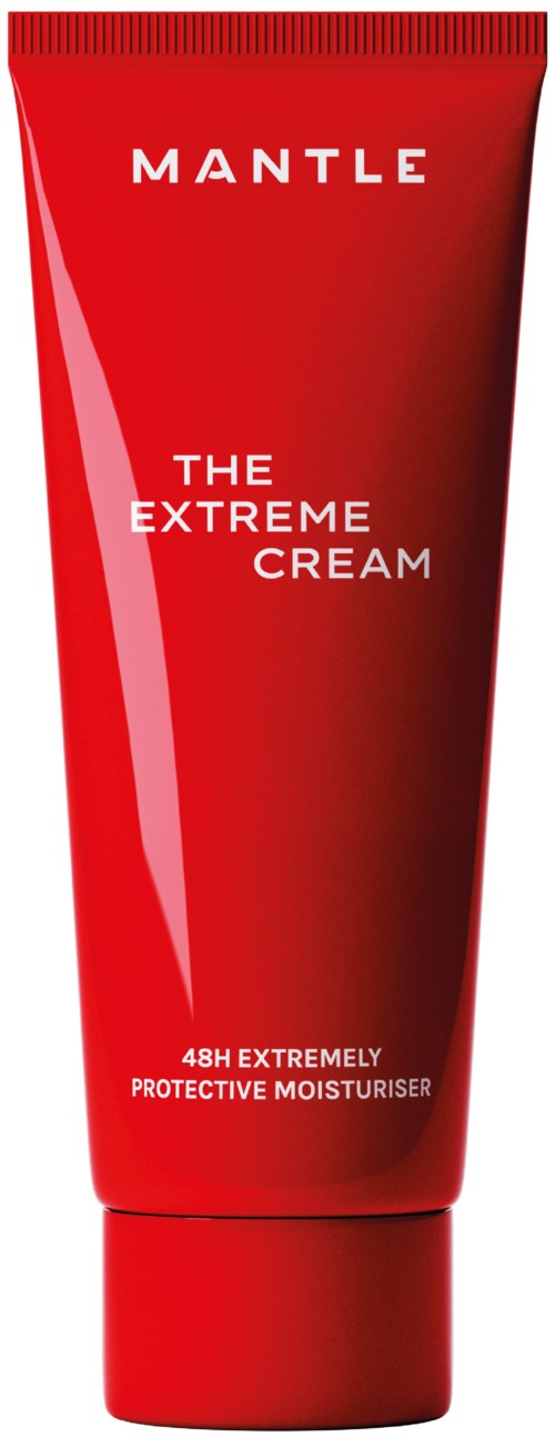 Röd tub märkt Mantle The Extreme Cream, en skyddande fuktighetskräm, med vit och röd text och en glänsande reflekterande rand.