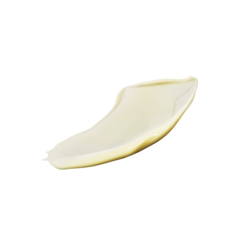 Ein Klecks weiße Creme oder Lotion vor einfachem Hintergrund.