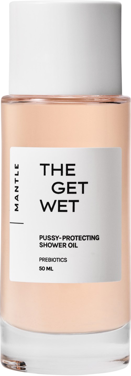 En liten flaska duscholja med vit kork, märkt "The Get Wet" och nämner skydd och probiotics.