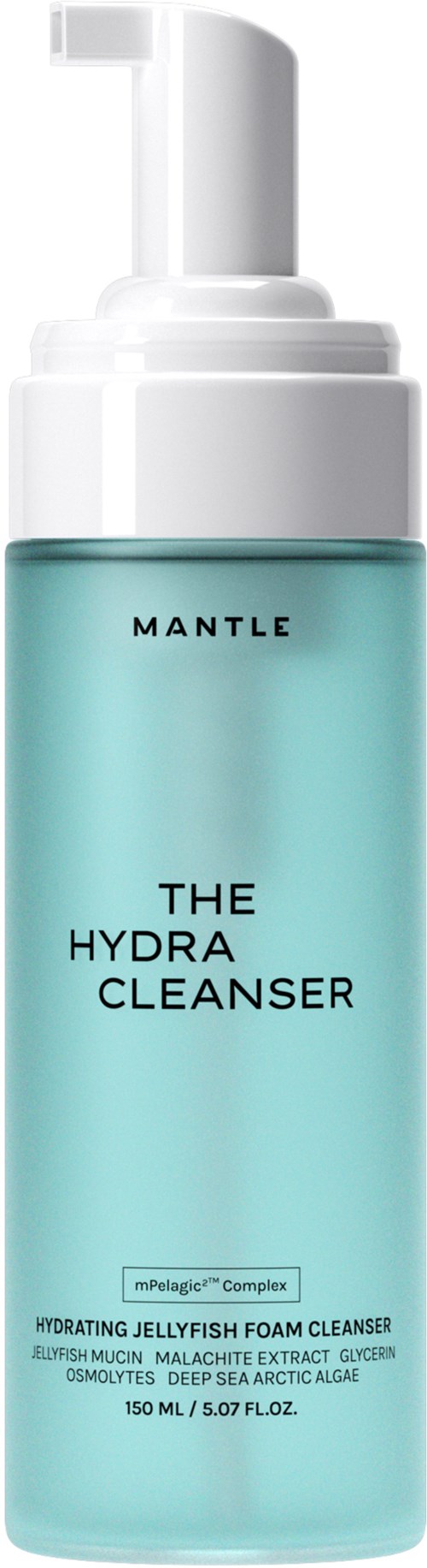 Een blauw flesje met een witte pomp, gelabeld 'The Hydra Cleanser' door MANTLE, met details over ingrediënten en grootte.
