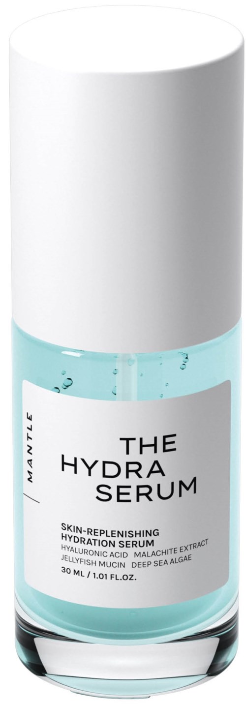 En klar cylindrisk flaske med hvid låg, mærket "The Hydra Serum" til hudhydrering. Indeholder 30 ml.
