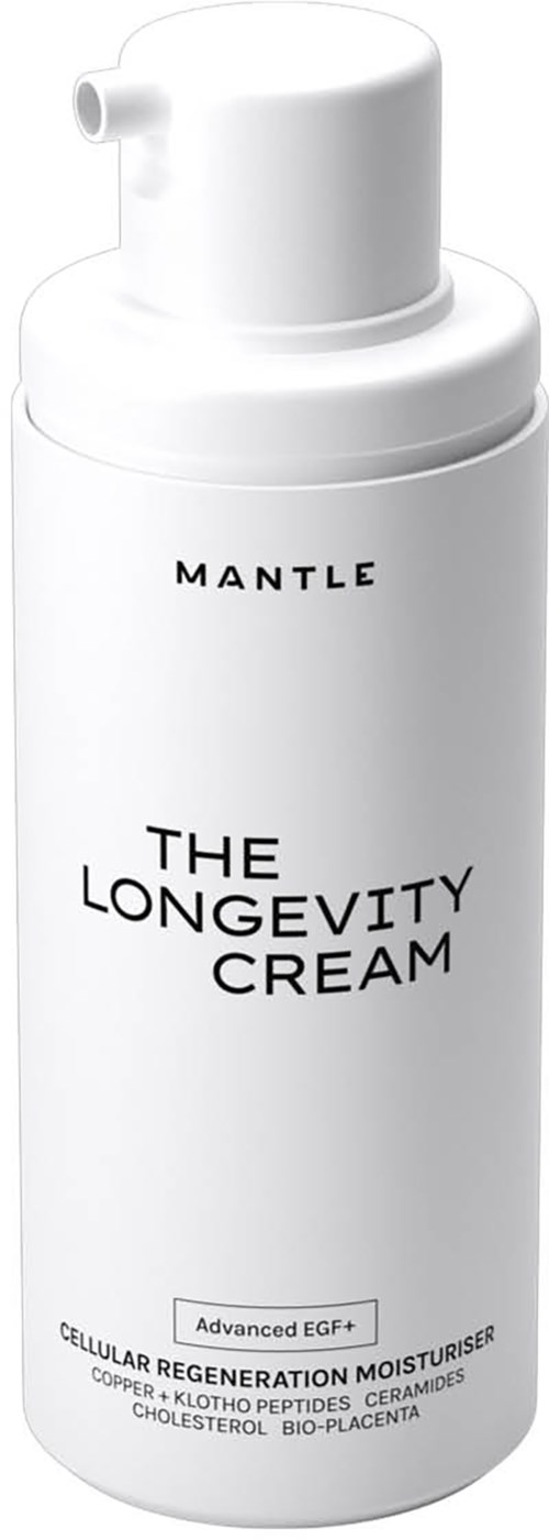 Weiße Flasche mit Beschriftung 'MANTLE THE LONGEVITY CREAM' und beschreibt es als Feuchtigkeitscreme mit fortschrittlichen EGF.