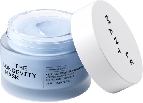 Blå burk med vit lock, märkt 'The Longevity Mask' och 'JANT LINE' på locket.