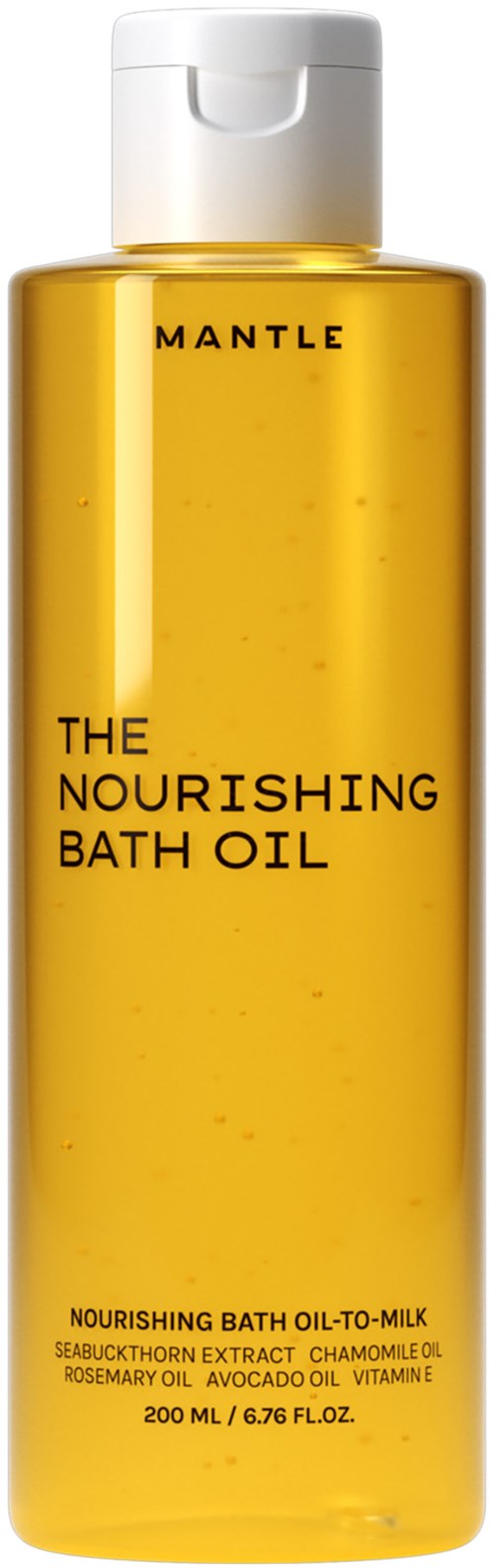 En gul flaska som heter 'MANTLE THE NOURISHING BATH OIL' med ett lättöppnat lock, innehållande badolja med naturliga ingredienser.