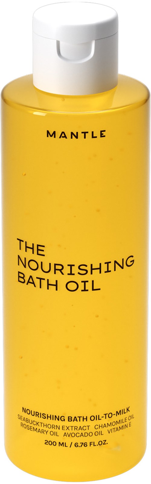 En gul flaska med vit lock, märkt "The Nourishing Bath Oil," innehållande badolja med naturliga ingredienser.