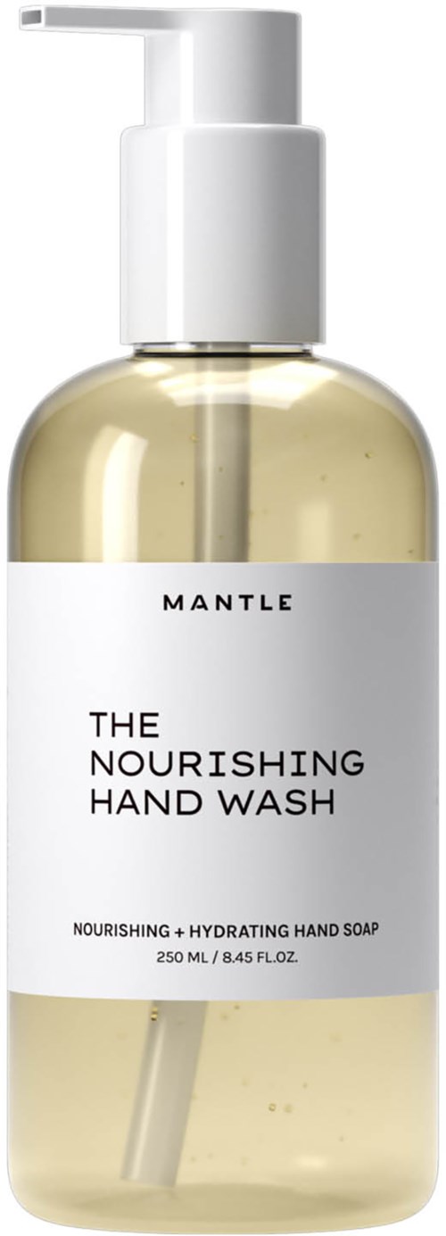 En tydlig flaska med pump, märkt 'The Nourishing Hand Wash' av Mantle, fylld med ljusgult vätska.
