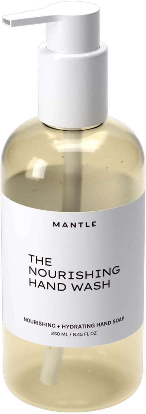En klar handtvål i flaska med vit pump och etikett som läser "The Nourishing Hand Wash" och "Nourishing + Hydrating Hand Soap."