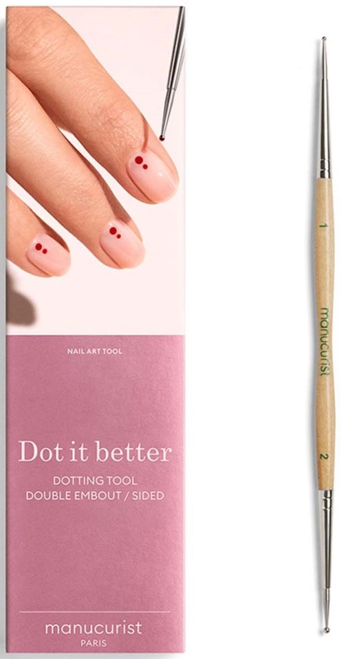 Nail dotting tool with red dots on fingers and a fine metal tip, packaged in pink with product name and brand.