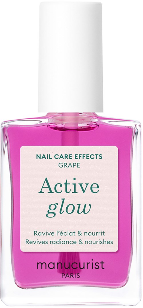 Lys rosa neglelakkflaske med hvit hette, merket 'Active glow' og 'manucurist Paris.'