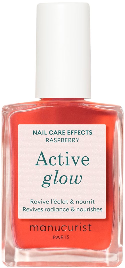 En flaske rosa neglelakk merket 'Active Glow' med bringebæraroma, fra Manucurist Paris.