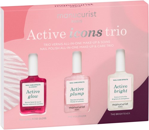 A pink box contains three nail care and makeup products from Manucurist, named Active glow, Active plump, and Active bright.