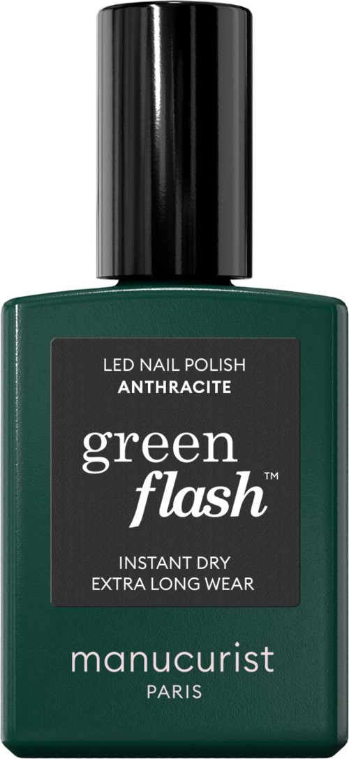 Dunkelgrüne Nagellackflasche mit schwarzem Deckel, etiketti green flash für Gel-Nagel.