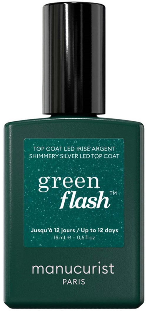 Green Flash topplackflaska med silver- och svart kapsyl, visar produktdetaljer på etiketten.