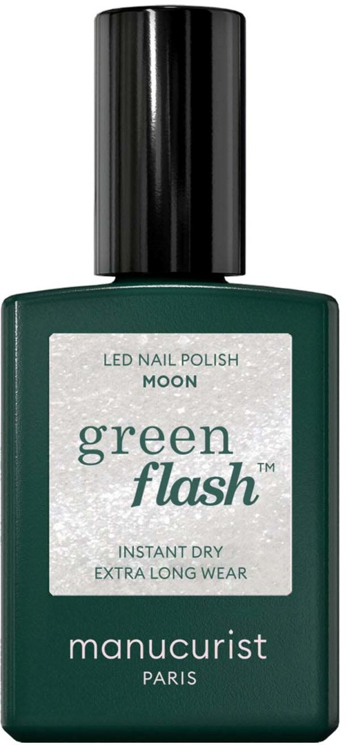Grüne Nagellackflasche mit Etikett, die LED Nagellack Moon green flash sagt. Befeuchtet und hält lange.