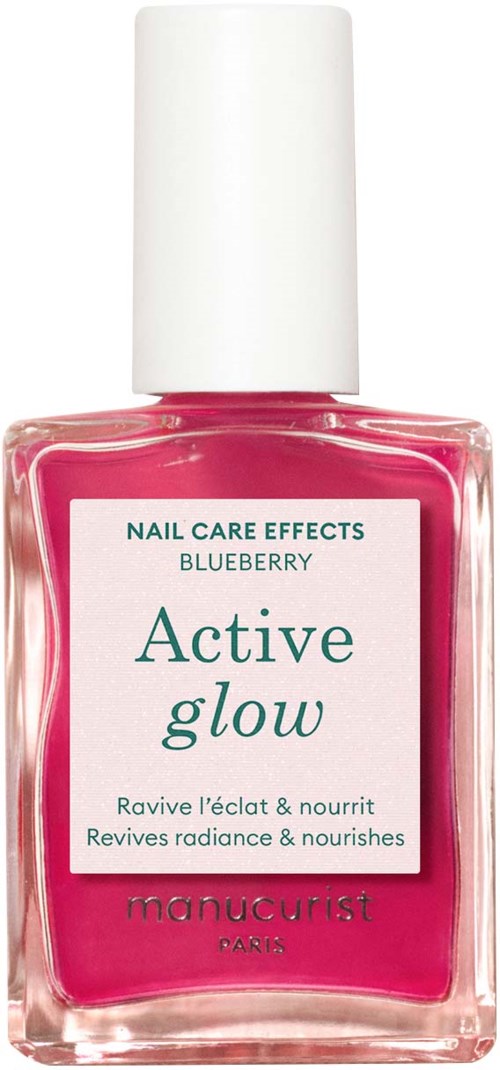 Różowy lakier do paznokci z białym korkiem i etykietą, na której napisano "Active glow" i "Blueberry."