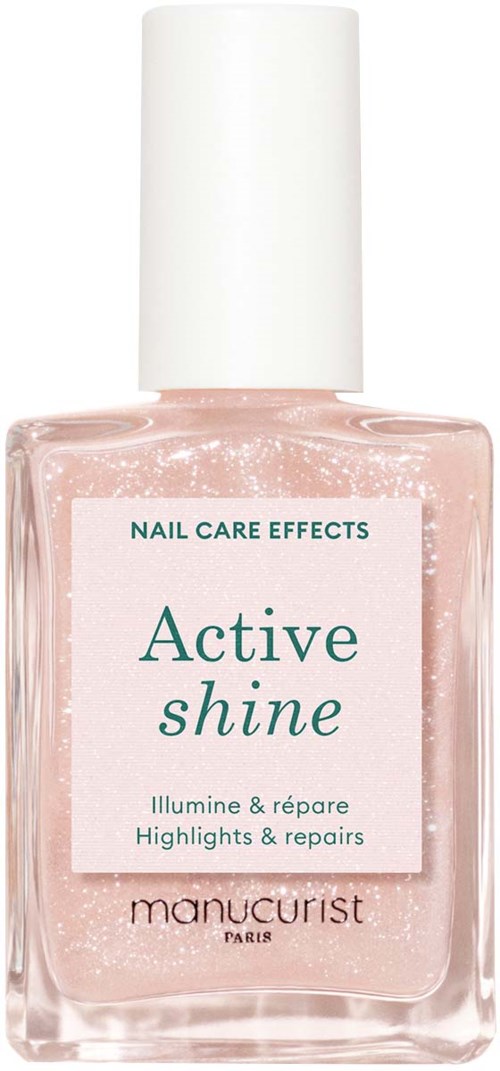 A bottle of nail polish labeled 'Active Shine' in light pink color with a white cap.