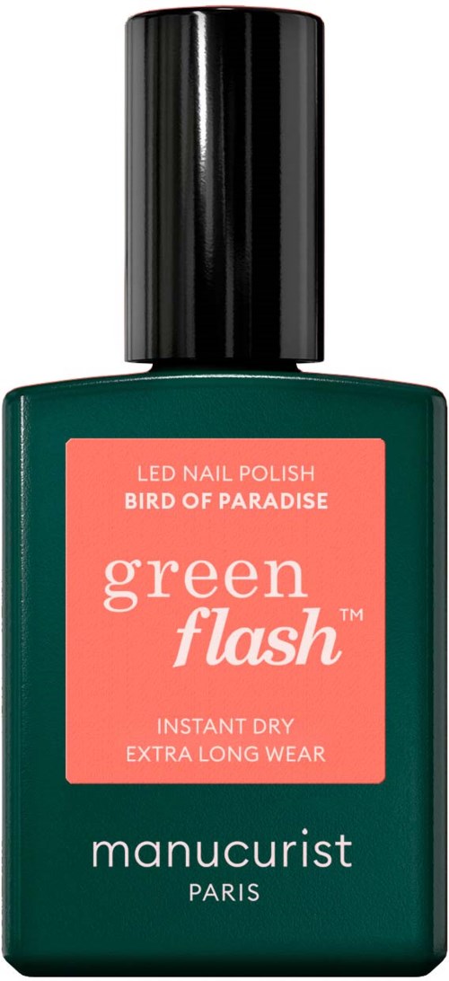 Vihreä lakkapullo, jossa musta korkki ja merkitty merkeillä 'Bird of Paradise, green flash,' valmistaja Manucurist Paris.
