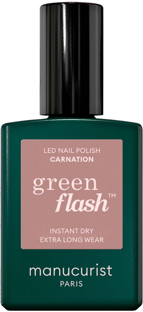 Vihreä kynsilakkapullo, jossa lukee 'Carnation,' 'Green Flash,' musta korkki ja teksti nopeista, kestävistä kynsistä.