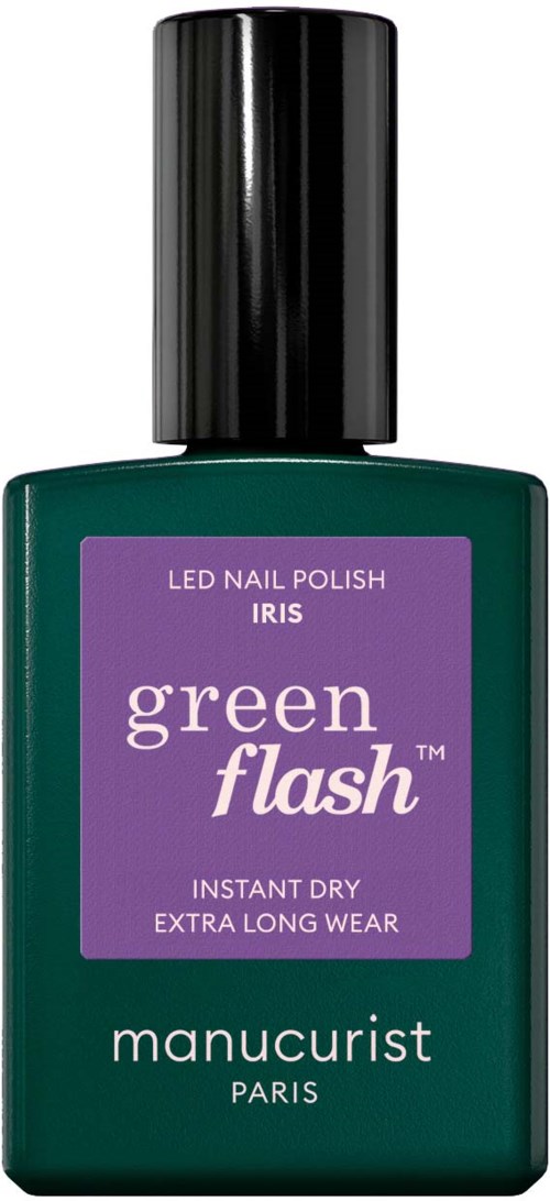 Vihreä kynsilakkapullo, jossa violetti etiketti lukee 'IRIS' ja 'green flash', yksinkertaisessa vihreässä pakkauksessa.